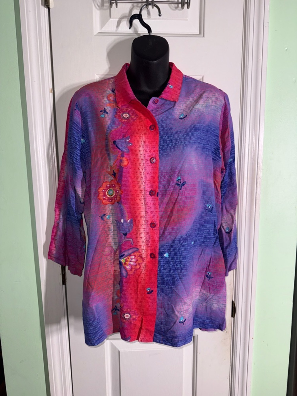 Jams World Pink & Purple Vintage 3/4 Sleeve Button-Up Shirt Vision Size L